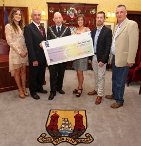 EEjob 24/05/2013<br />
Echo News.<br />
Pictured during the presentation of the proceeds from the Lord Mayor's Cancer Charity Gaa Game in aid of Cork ARC Cancer Support House, Lord Mayor Cllr John Buttimer presents Hilary Sullivan, Cork ARC Cancer Support House with the cheque, also included are event organisers, Rececca Milner, Jim Ryng, Bishopstown Gaa Club, Rory Noonan, Evening Echo and Robin Murray, Bishopstown Gaa Club, at the City Hall, Cork.<br />
Picture: Jim Coughlan.