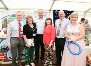 At the Acorn ife Stand at the Cork Summeer Show were L to R., Shane Russell, Breda O'Connor,, Fianna Fail leader Micheal Martin TD, Kathleen O'Callaghan, Fianna Fail candidate Cllr. Kevin O'Keeffe and FunanZZA Princess Plum. Picture, Tony O'Connell Photography.