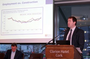  - FREE PICTURES. 24/11/2015. Economic Briefing on the economic recovery and its implications for Cork and County, at the Clarion Hotel, Lapps Quay, Cork. Pictured speaking at the briefing, Seamus Coffey, Economics Lecturer University College Cork. Picture: Jim Coughlan. Cork ranks above the national average in terms of its economic recovery   A new economic analysis has shown that the South West has enjoyed a stronger rebound in employment than the national average.    Leading economist Seamus Coffey, speaking at an Economic Briefing in Cork today (24th November 2015) says that Cork city and county have also seen a faster than average drop in numbers signing on the Live Register.  Mr. Coffey, who is a lecturer in University College Cork, has analysed the economic trends in the Cork area using traffic volumes, employment, rents and the presence of multinationals.     The Economic Briefing event, which was hosted by RTE Media Sales, Hopkins Communications and the Clarion Hotel, saw David Murphy, Business Editor at RTE News, chair an in-depth discussion on the extent of ‘The Recovery’ around the regions, with a special focus on Cork.    Bob Savage (Vice-President & MD at EMC Ireland) and Jim Woulfe (CEO at Dairygold), two of the region’s largest employers, participated in the discussion, with lively input from business leaders in the audience.   Seamus Coffey analysed the local trends, and the key findings were as follows:   • Employment:  Employment nationally has grown 2.9% in the past 12 months – while the South-West Region (Cork & Kerry) has outstripped this at 3.3%, with increased employment of almost 10,000.   • Housing:  Rents countrywide are up 9% in the last 12 months – rents in Cork city have risen by 13.5%, and 10% in the County.   • Cars & Traffic:  The national average new car sales registered is up 70% compared to 2013, while in Cork city and county the figure runs to 77%.  Traffic volumes in and around Cork city have increased