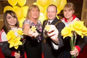 DKANE 30/01/2016  Jess O'Shea and Emma Farmer, Cork Ladies GAA with Lady Mayoress Angela O'Leary and Lord Mayor Cllr Chris O'Leary at the launch for the Irish Cancer Society's  Cork Daffodil Day in the Vienne Woods Hotel. Daffodil Day takes place nationally on the 11th of March. Thousands of volunteers around Ireland sell daffodil pins and flowers (on streets, in businesses, homes and shopping centres) to raise money for the Irish Cancer Society’s free, nationwide services for those with, and affected by, cancer in Ireland. Daffodil Day is the biggest and longest running fundraising day for the Society, Ireland’s national cancer charity.  - See more at: http://www.cancer.ie/get-involved/fundraise/major-fundraising-drives/daffodil-day#sthash.JOYwaqGI.dpuf PIC DARRAGH KANE