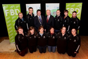 Pictured at the All-Ireland final of Macra’s FBD Capers competition are (Back row) James Healy, Eugene Lee, Shane Horgan, Sean Wallace & Daniel Buckley. (Front row) Emily O' Donovan, Heather Healy, Sarah Louise Horgan, Rachel Kelleher, Elaine O' Connell & Mary Collins of Donoughmore Macra, Muskerry, Cork with Macra National President, Seán Finan, and FBD’S Gerard Cott.