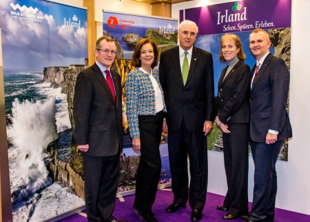 10/03/2016, Berlin, Germany – The largest travel trade fair in the world, ITB in Berlin, is taking place this week. Twenty-two (22) tourism companies from Ireland and Germany have joined Tourism Ireland at the fair, in a bid to grow Ireland’s share of the German travel market – the world’s third-largest outbound travel market. PIC SHOWS: Niall Gibbons, CEO of Tourism Ireland; Joan O’Shaughnessy, Vice Chairman of Tourism Ireland; HE Michael Collins, Irish Ambassador to Germany; Anita Gackowska and Kevin Cullinane, both Cork Airport, on the Tourism Ireland stand at ITB Berlin. Pic – Jürgen Sendel (no repro fee) Further press info – Sinéad Grace, Tourism Ireland 087-685 9027