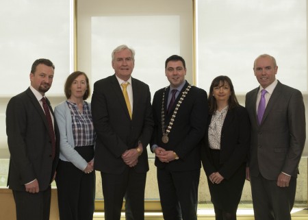 The Canadian Ambassador, Mr. Kevin Vickers on his visit to Cork County Hall where he made a presentation of €5,000 to Cork County Council towards the upkeep of Air India Ahakista Memorial.  Pictured (left to right): Sean O'Callaghan, Senior Executive Officer, Cork County Council, Clodagh Henehan, Divisional Manager (West) Cork County Council, Canadian Ambassador, Kevin Vickers, Cllr. John Paul O'Shea, Mayor of the County of Cork, Jackie Ellis, General Relations Officer, Embassy of Canada and Tim Lucey, Chief Executive Cork County Council.  Photo: Martin Walsh.