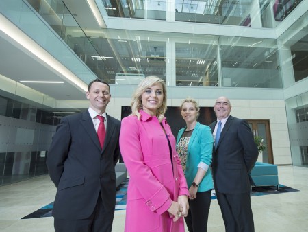 Free Pic no repro fee  Pictured celebrating PwC's move to One Albert Quay, Cork l-r: Anthony Reidy, Assurance Partner, PwC Cork; Anna Geary, WGPA Executive Committee member and former All Ireland winning Camogie Captain; Valerie Mulcahy, WGPA Executive Committee member and 10 times all Ireland football Champion and Ger O'Mahoney, PwC Cork Senior Partner.  Pictures by Gerard McCarthy 087 8537228   more info contact Johanna Dehaene 086 8106542