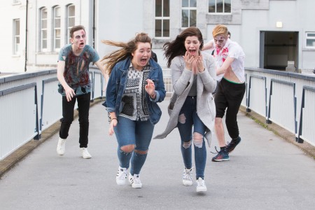 DKANE 12102016  Zombies Darragh Feehely, Douglas and Jonathan Tinney, Whitegate chasing Emma Daly, Togher and Fiona Long, Mallow from the Monfort College of Performing Arts launch the Zombie Fun Run in aid of Mercy Hospital Foundation which takes place at Ballincollig Regional Park on Saturday, October 29th. Hordes of flesh-eating zombies will track down brave souls as they try to reach the Safe Zone at the end of the course. Tickets are Û20 per person, or Û18 per person for teams of 10 or more. Register at www.mercyfundraising.ie. Pic Darragh Kane