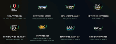 Soft2Bet award highlights including MIGA 2021, SiGMA Europe 2022, SBC Awards 2023, and EGR Nordics 2024 wins.