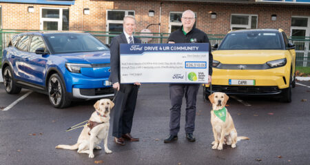 John Manning, Market Lead, Ford Ireland (L-R) presenting Tim O’Mahony, Chief Executive Officer, Irish Guide Dogs with a cheque worth €26,310.00, which was raised as part of its Drive 4 UR Community campaign. <br />Photography by Gerard McCarthy