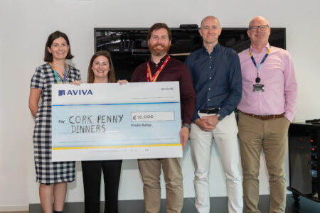 Pictured are Rachael Larney, Sustainability Lead at Aviva Ireland, Sarah Stritch, People Experience and Early Careers Specialist at Aviva Ireland, Chris Mulcahy, Cork Penny Dinners, Barry Cudmore, CEO of Aviva Life & Pensions Ireland and Declan O’Rourke, CEO of Aviva Insurance Ireland DAC as Cork Penny Dinners receives €10,000 in funding through the inaugural Aviva Employee Community Fund, a new initiative that enables Aviva Ireland colleagues to support charities and organisations doing vital work in communities nationwide.