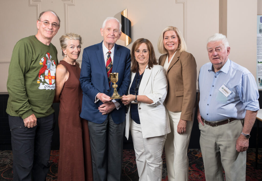 Michael Sheehan, Viv DeCourcy, Professor David Sheehan, Historian, Michelle O'Mahony, Main Anchor at WAFF-TV Anchor, Liz Hurley and Tommy Collins with the Hurley Chalice at the Homecoming event for the descendants of Dunmanway that was held at the Parkway Hotel, Dunmanway, Co. Cork. - Picture: David Creedon