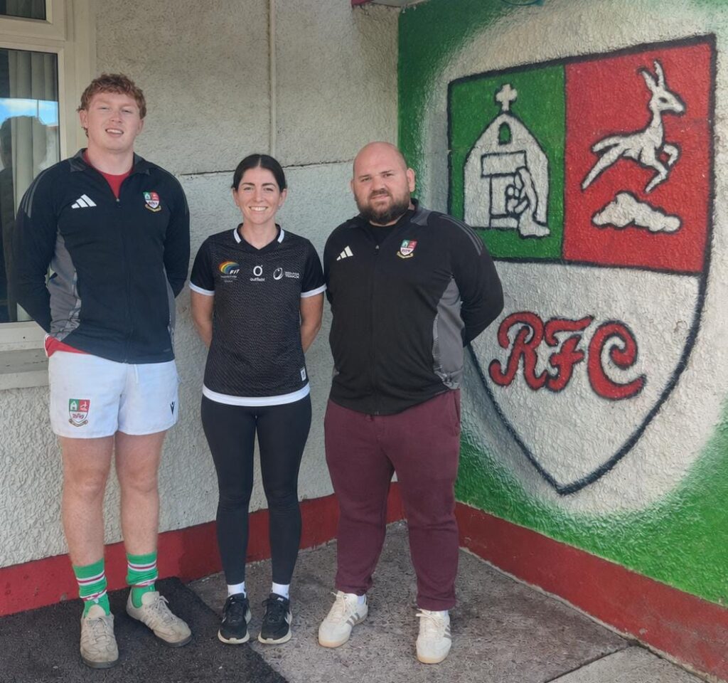 L to R: Jacob Lane - Sundays Well Senior player, Kelsi McGrath – Sundays Well Touch Head Coach, Gary O’Sullivan –Head of Womens and Girls Rugby.